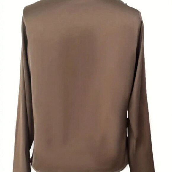 Coffee Brown Elegant Women's Satin Criss-Cross Long Sleeve Blouse - Picture 3 of 5